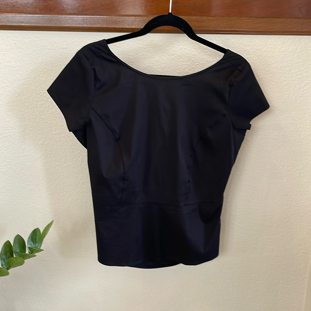 Ann Taylor Black Criss Cross Open Back Stretch Short Sleeve Blouse